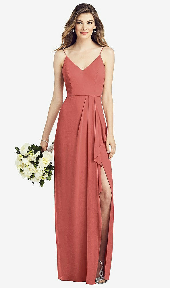 【STYLE: 6820】Spaghetti Strap Draped Skirt Gown with Front Slit【COLOR: Coral Pink】