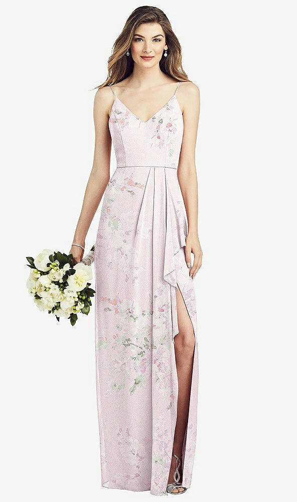 【STYLE: 6820】Spaghetti Strap Draped Skirt Gown with Front Slit【COLOR: Watercolor Print】