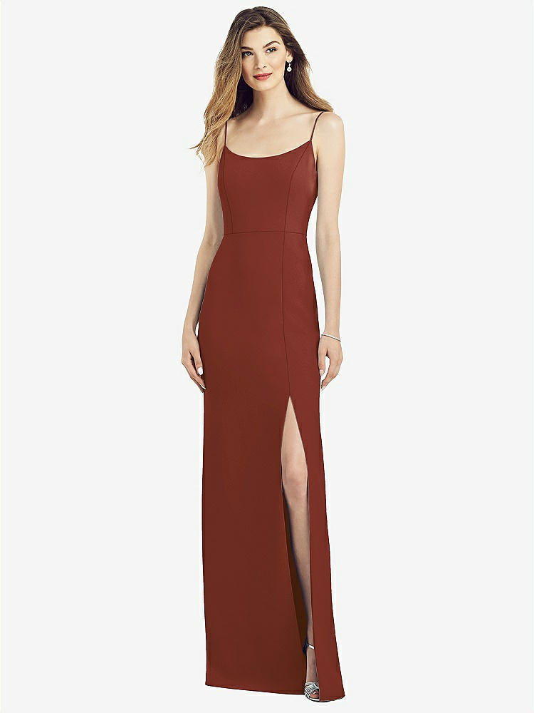 【STYLE: 6822】Spaghetti Strap V-Back Crepe Gown with Front Slit【COLOR: Auburn Moon】