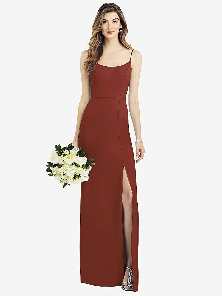 【STYLE: 6822】Spaghetti Strap V-Back Crepe Gown with Front Slit【COLOR: Auburn Moon】
