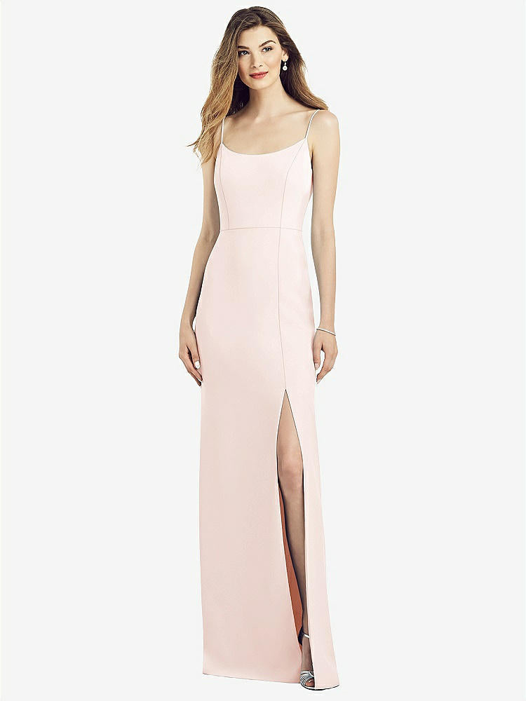 【STYLE: 6822】Spaghetti Strap V-Back Crepe Gown with Front Slit【COLOR: Blush】