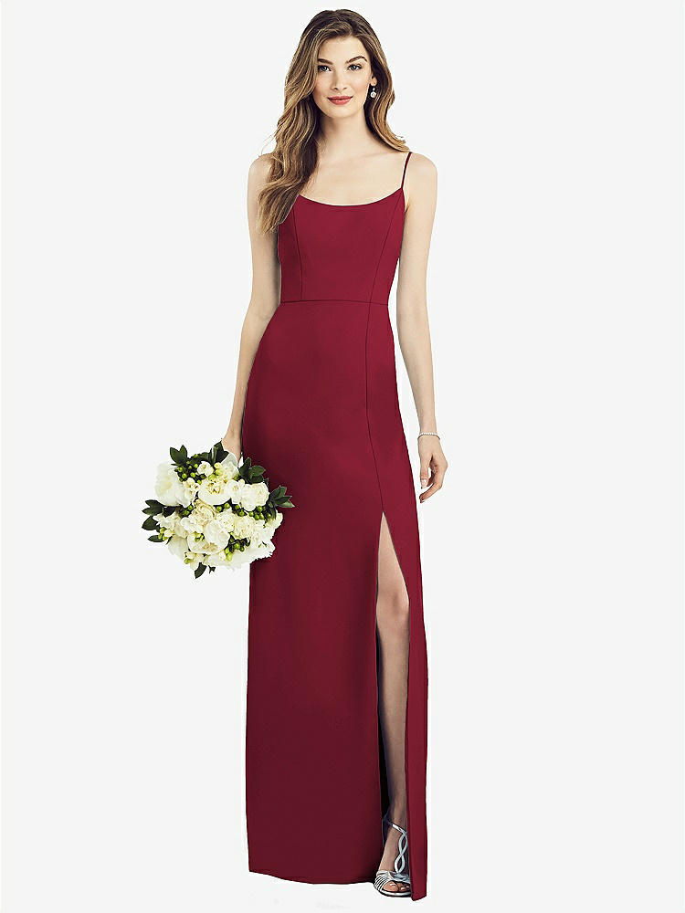 【STYLE: 6822】Spaghetti Strap V-Back Crepe Gown with Front Slit【COLOR: Burgundy】
