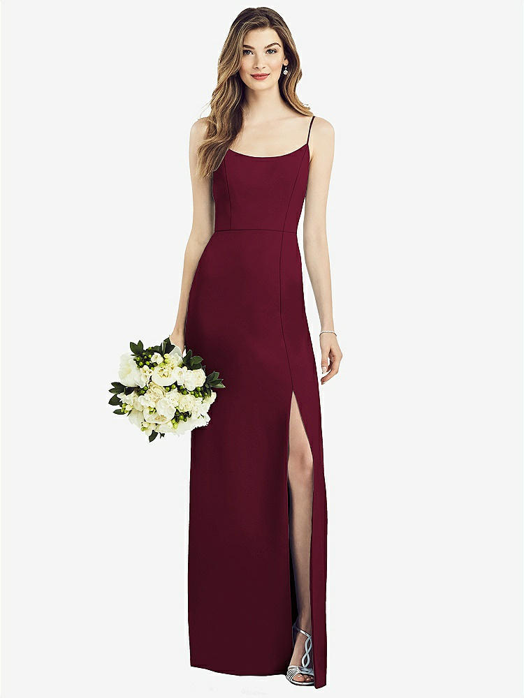 【STYLE: 6822】Spaghetti Strap V-Back Crepe Gown with Front Slit【COLOR: Cabernet】