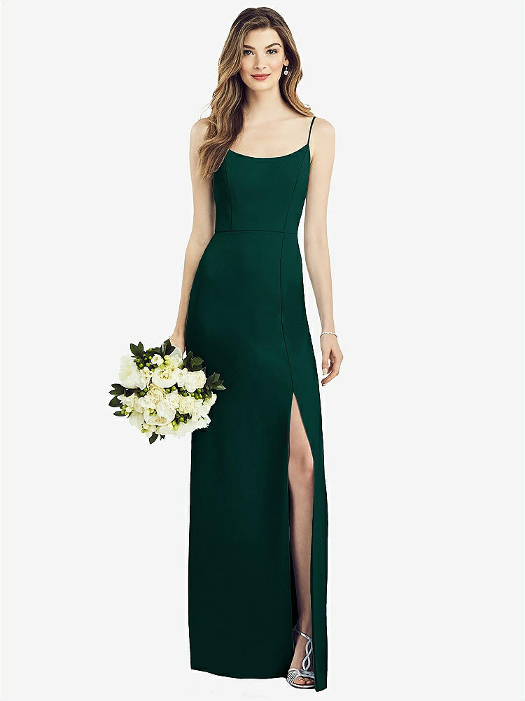 【STYLE: 6822】Spaghetti Strap V-Back Crepe Gown with Front Slit【COLOR: Evergreen】