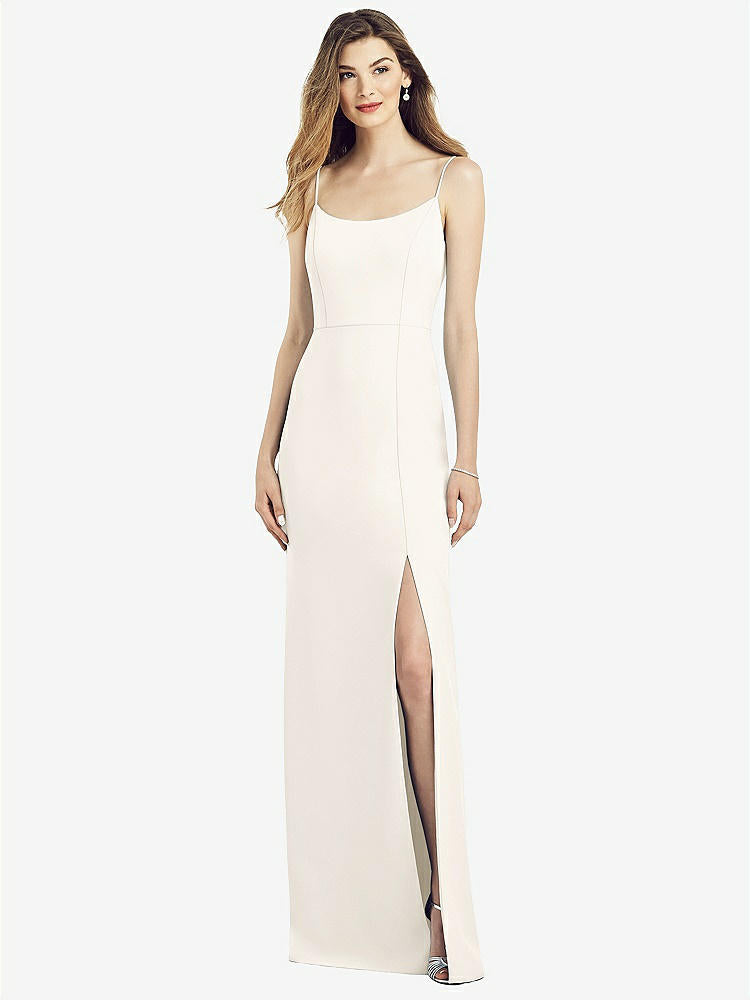 【STYLE: 6822】Spaghetti Strap V-Back Crepe Gown with Front Slit【COLOR: Ivory】