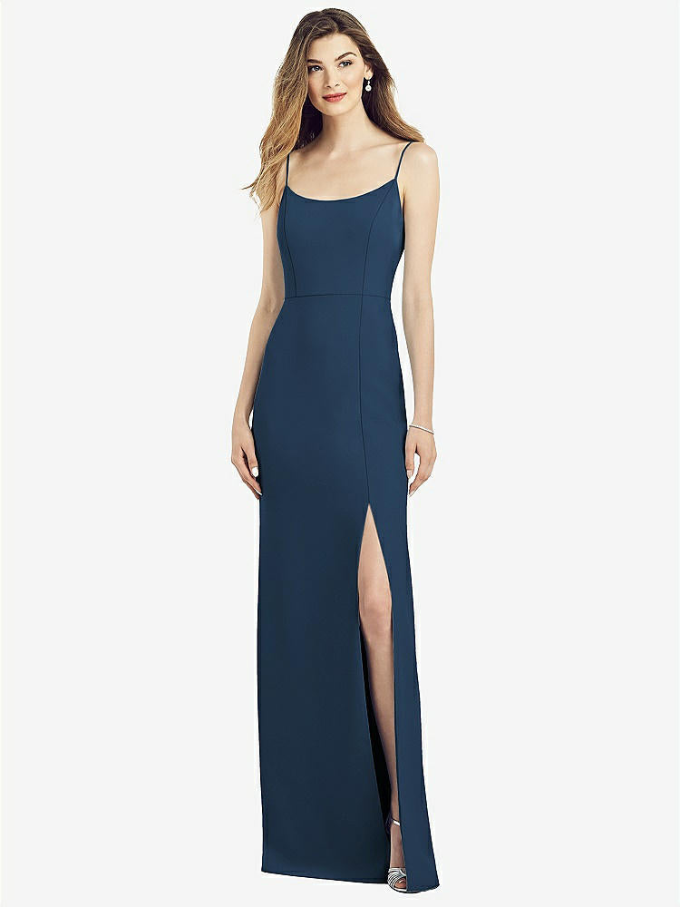 【STYLE: 6822】Spaghetti Strap V-Back Crepe Gown with Front Slit【COLOR: Sofia Blue】