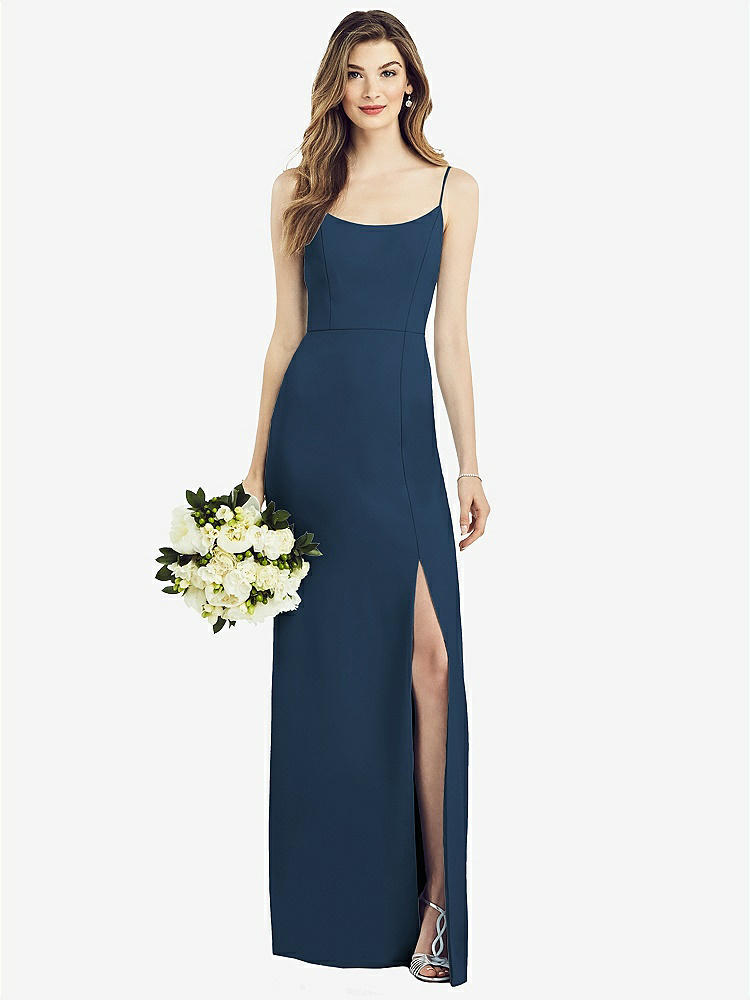 【STYLE: 6822】Spaghetti Strap V-Back Crepe Gown with Front Slit【COLOR: Sofia Blue】