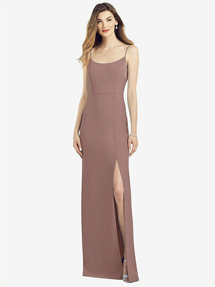 【STYLE: 6822】Spaghetti Strap V-Back Crepe Gown with Front Slit【COLOR: Sienna】