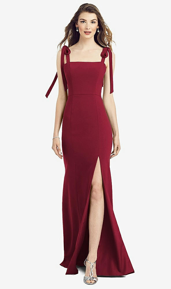 【STYLE: 6826】Flat Tie-Shoulder Crepe Trumpet Gown with Front Slit【COLOR: Burgundy】