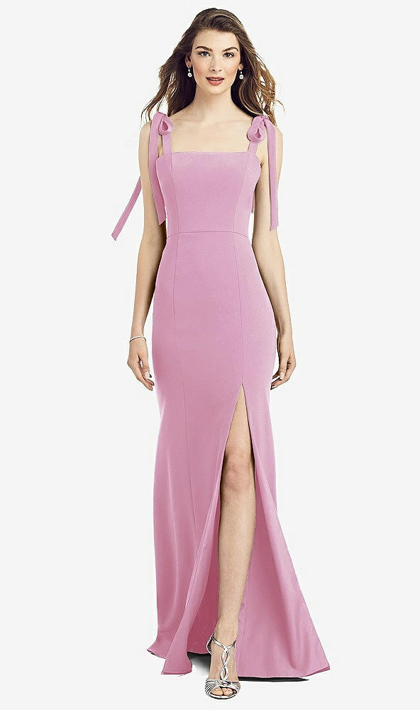 【STYLE: 6826】Flat Tie-Shoulder Crepe Trumpet Gown with Front Slit【COLOR: Powder Pink】