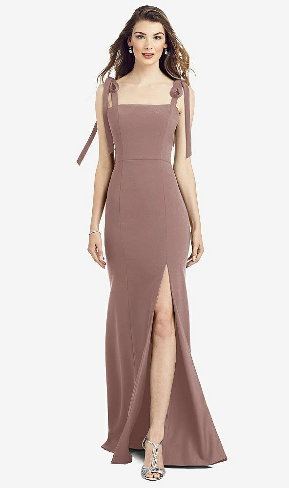 【STYLE: 6826】Flat Tie-Shoulder Crepe Trumpet Gown with Front Slit【COLOR: Sienna】