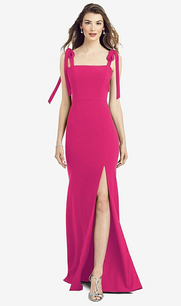 【STYLE: 6826】Flat Tie-Shoulder Crepe Trumpet Gown with Front Slit【COLOR: Think Pink】