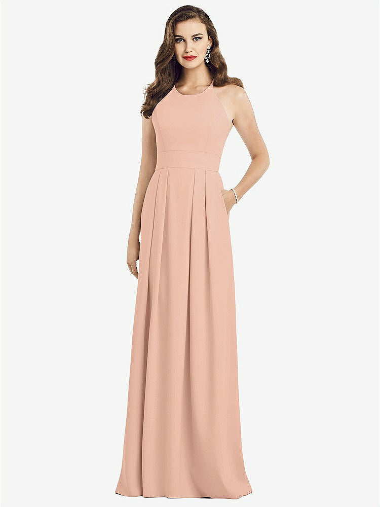 【STYLE: 3058】Criss Cross Back Crepe Halter Dress with Pockets【COLOR: Pale Peach】