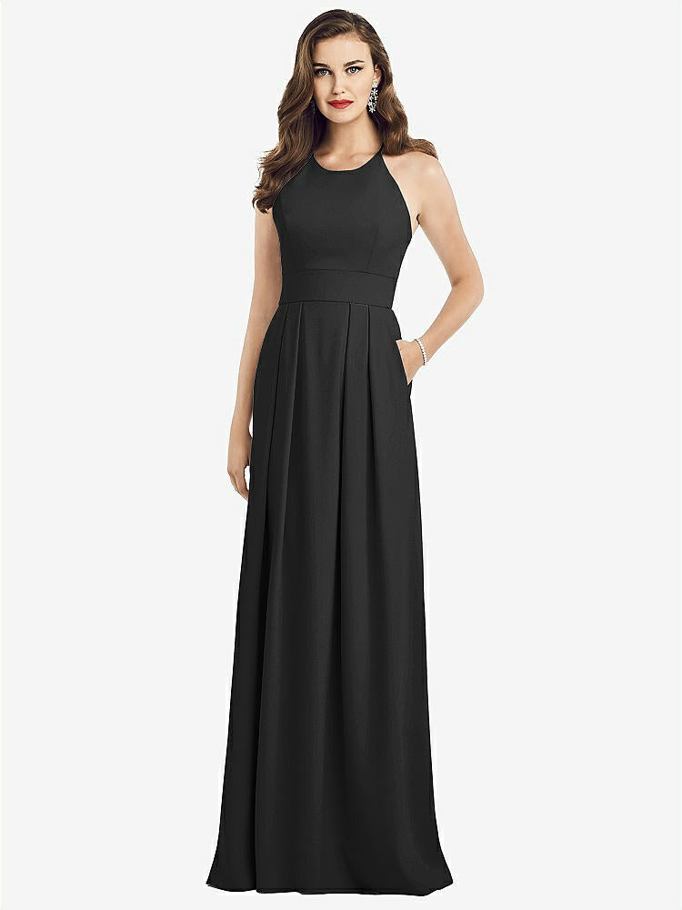 【STYLE: 3058】Criss Cross Back Crepe Halter Dress with Pockets【COLOR: Black】