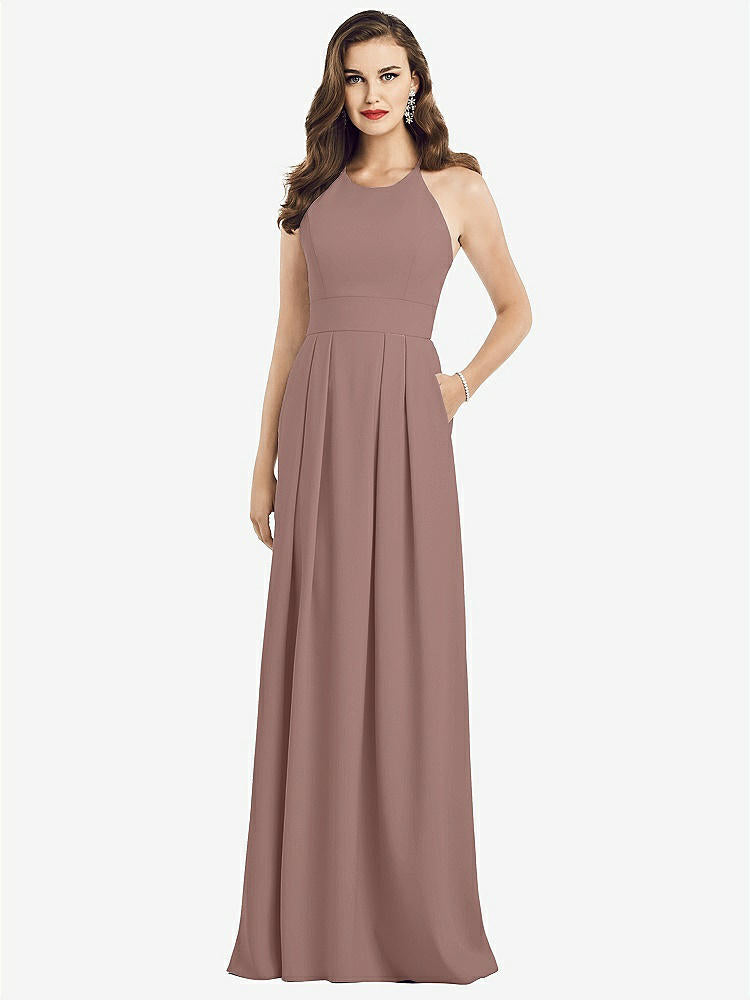 【STYLE: 3058】Criss Cross Back Crepe Halter Dress with Pockets【COLOR: Sienna】