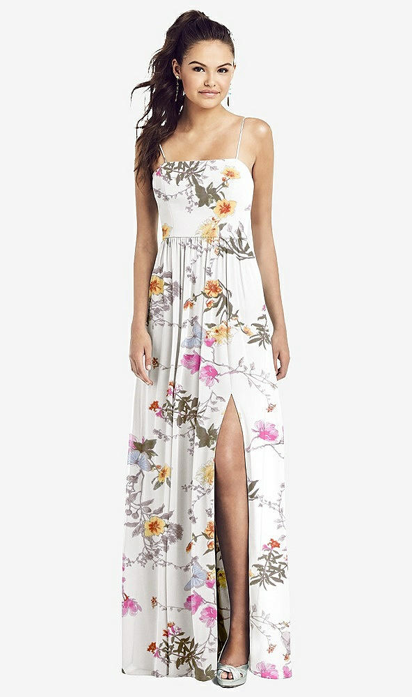 【STYLE: TH017】Slim Spaghetti Strap Chiffon Dress with Front Slit 【COLOR: Butterfly Botanica Ivory】