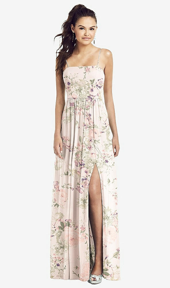 【NEW】【STYLE: TH017】スリム スパゲッティ ストラップ シフォン ドレス 前面 スリット 【COLOR: Blush Garden】【SIZE: 00-30W】