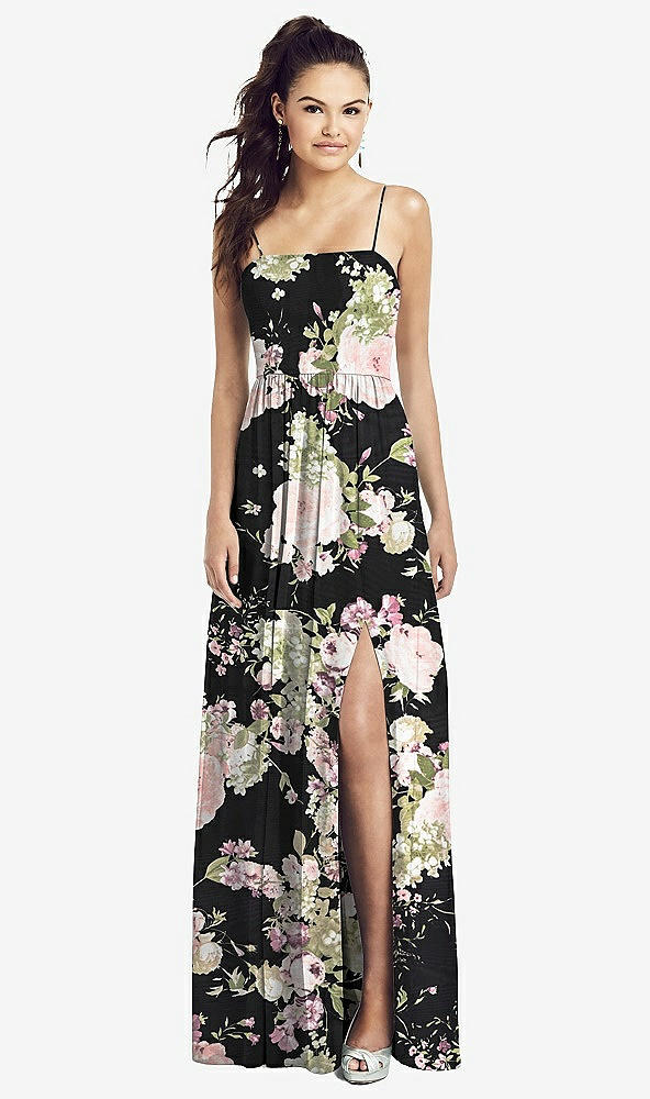 【STYLE: TH017】Slim Spaghetti Strap Chiffon Dress with Front Slit 【COLOR: Noir Garden】