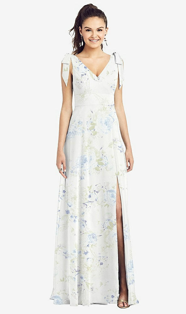 【STYLE: TH018】Bow-Shoulder V-Back Chiffon Gown with Front Slit【COLOR: Bleu Garden】