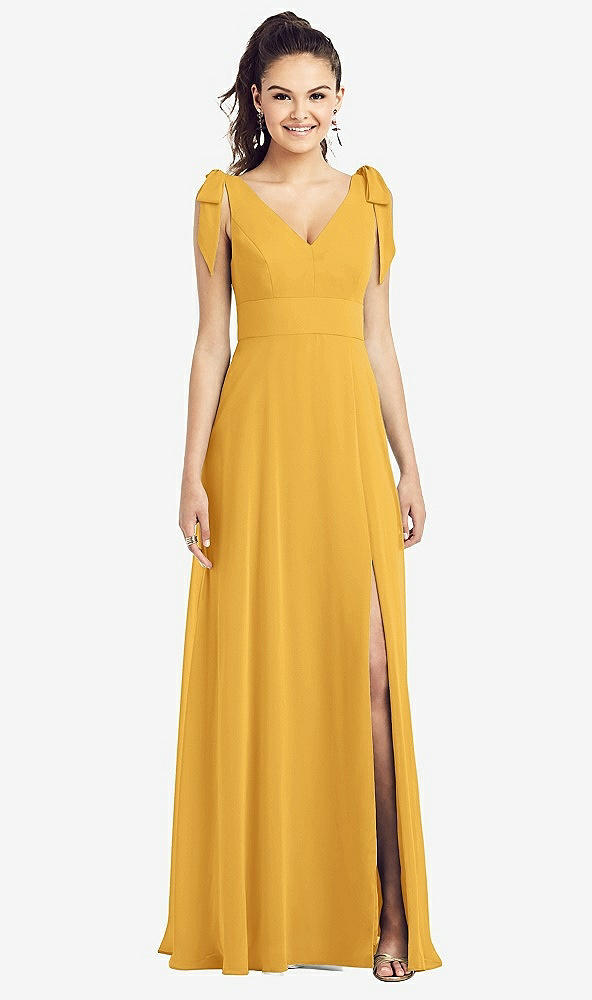 【STYLE: TH018】Bow-Shoulder V-Back Chiffon Gown with Front Slit【COLOR: NYC Yellow】