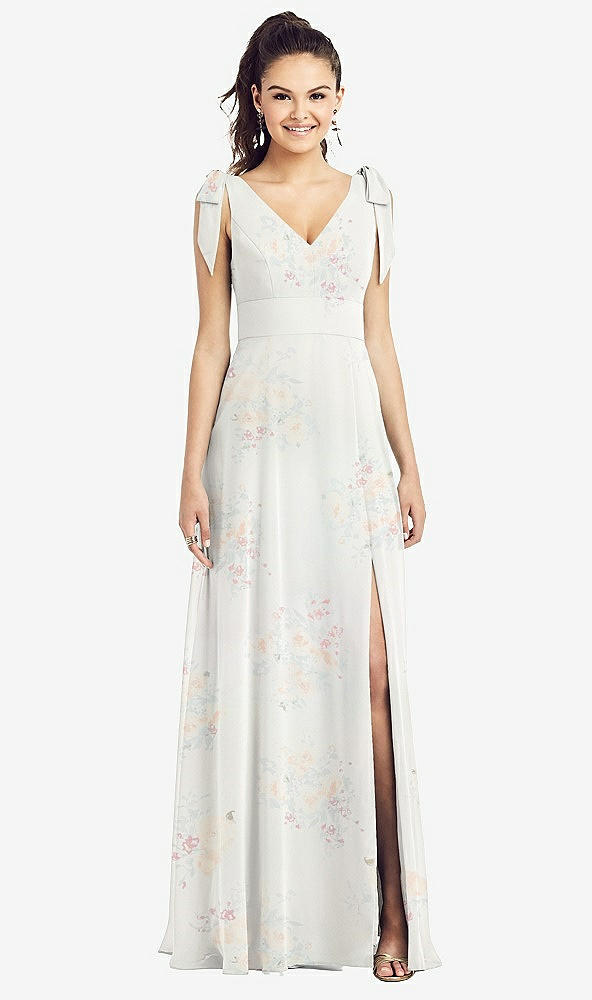 【STYLE: TH018】Bow-Shoulder V-Back Chiffon Gown with Front Slit【COLOR: Spring Fling】