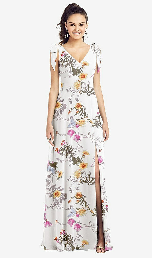 【STYLE: TH018】Bow-Shoulder V-Back Chiffon Gown with Front Slit【COLOR: Butterfly Botanica Ivory】