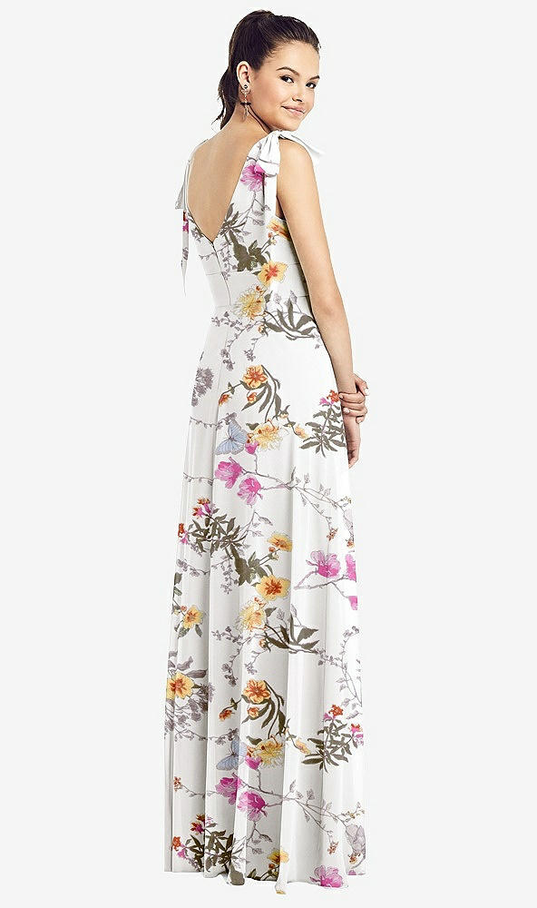 【STYLE: TH018】Bow-Shoulder V-Back Chiffon Gown with Front Slit【COLOR: Butterfly Botanica Ivory】