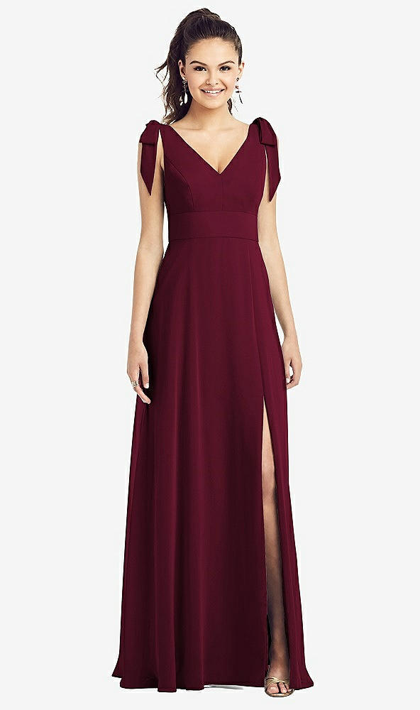 【STYLE: TH018】Bow-Shoulder V-Back Chiffon Gown with Front Slit【COLOR: Cabernet】
