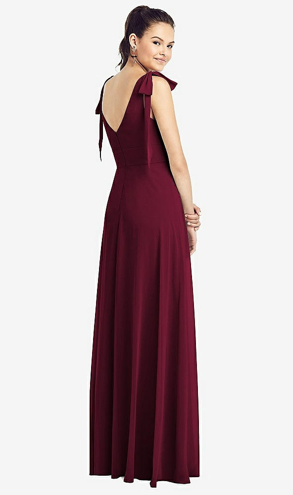【STYLE: TH018】Bow-Shoulder V-Back Chiffon Gown with Front Slit【COLOR: Cabernet】