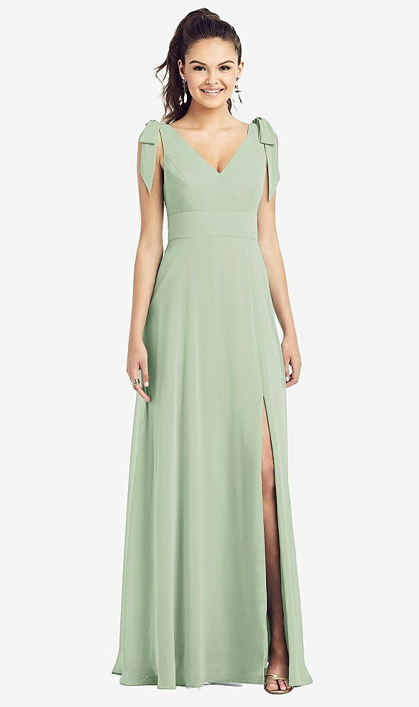 【STYLE: TH018】Bow-Shoulder V-Back Chiffon Gown with Front Slit【COLOR: Celadon】