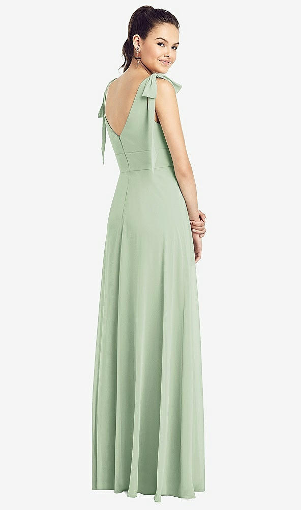 【STYLE: TH018】Bow-Shoulder V-Back Chiffon Gown with Front Slit【COLOR: Celadon】