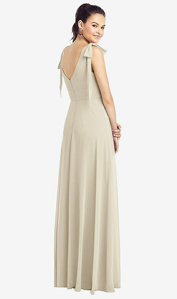 【STYLE: TH018】Bow-Shoulder V-Back Chiffon Gown with Front Slit【COLOR: Champagne】