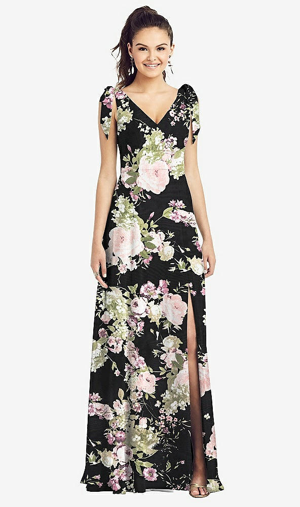 【STYLE: TH018】Bow-Shoulder V-Back Chiffon Gown with Front Slit【COLOR: Noir Garden】