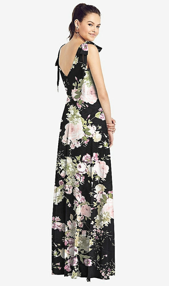 【STYLE: TH018】Bow-Shoulder V-Back Chiffon Gown with Front Slit【COLOR: Noir Garden】