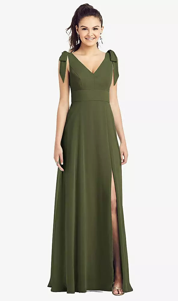【STYLE: TH018】Bow-Shoulder V-Back Chiffon Gown with Front Slit【COLOR: Olive Green】