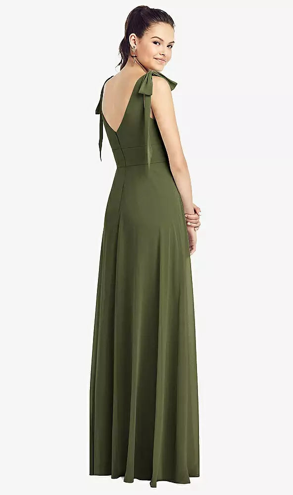 【STYLE: TH018】Bow-Shoulder V-Back Chiffon Gown with Front Slit【COLOR: Olive Green】