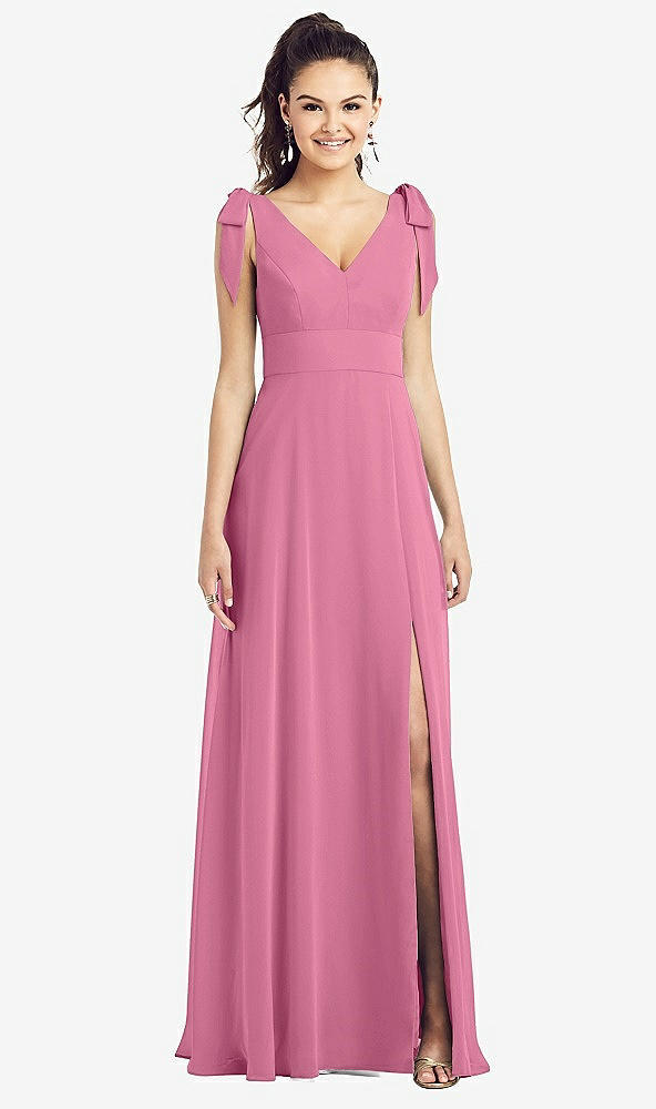 【STYLE: TH018】Bow-Shoulder V-Back Chiffon Gown with Front Slit【COLOR: Orchid Pink】