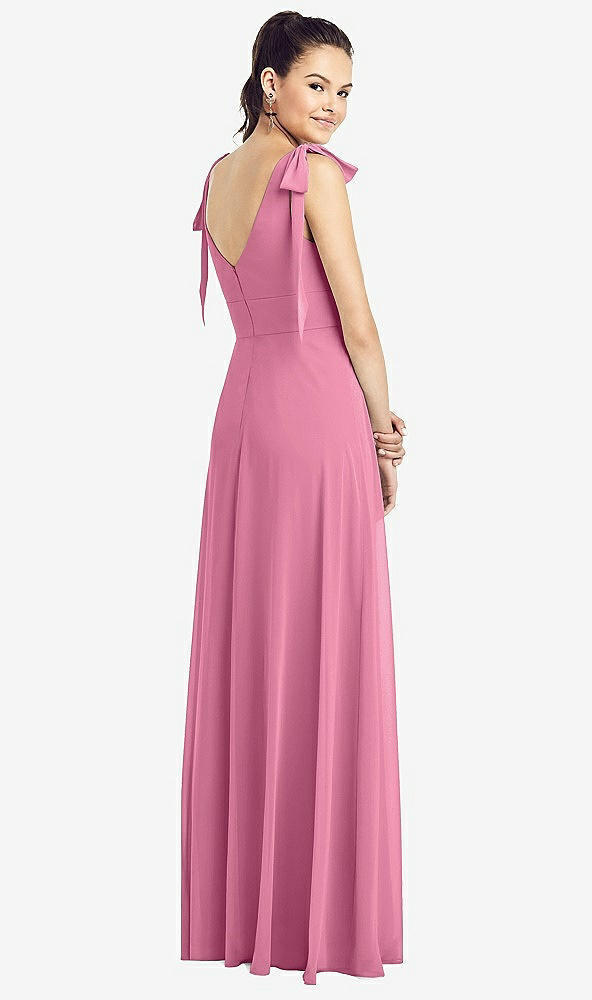 【STYLE: TH018】Bow-Shoulder V-Back Chiffon Gown with Front Slit【COLOR: Orchid Pink】