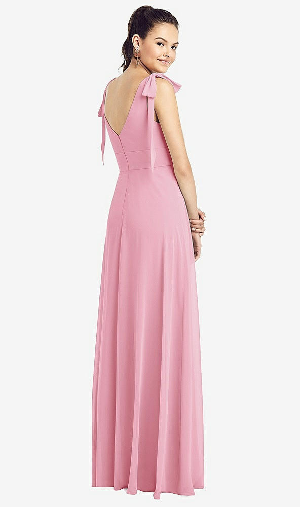 【STYLE: TH018】Bow-Shoulder V-Back Chiffon Gown with Front Slit【COLOR: Peony Pink】