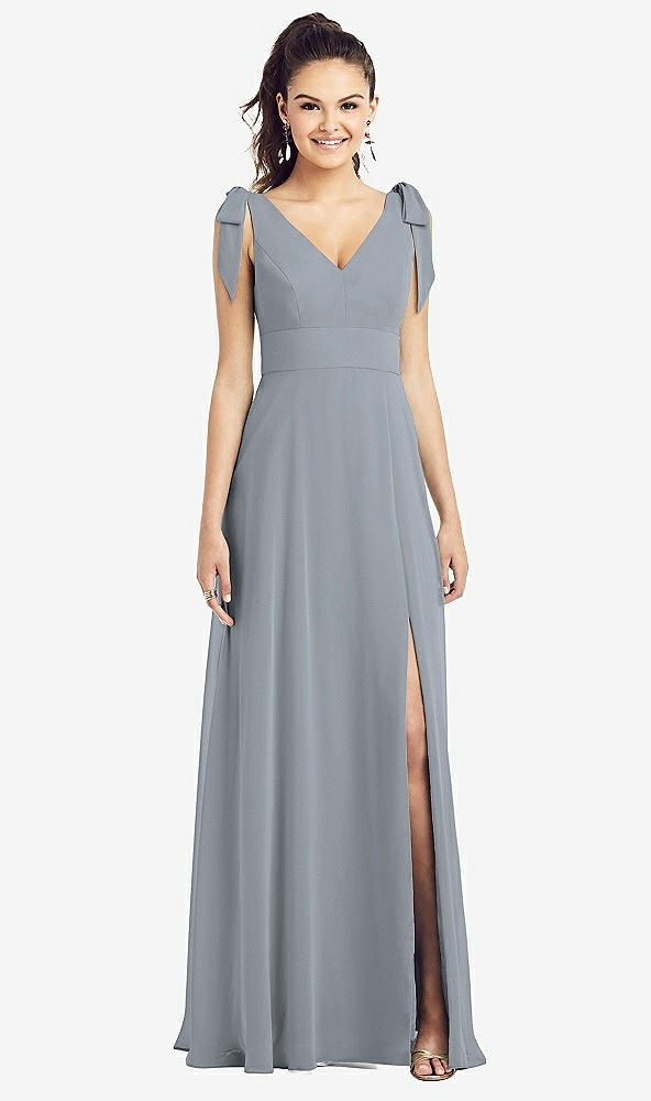 【STYLE: TH018】Bow-Shoulder V-Back Chiffon Gown with Front Slit【COLOR: Platinum】