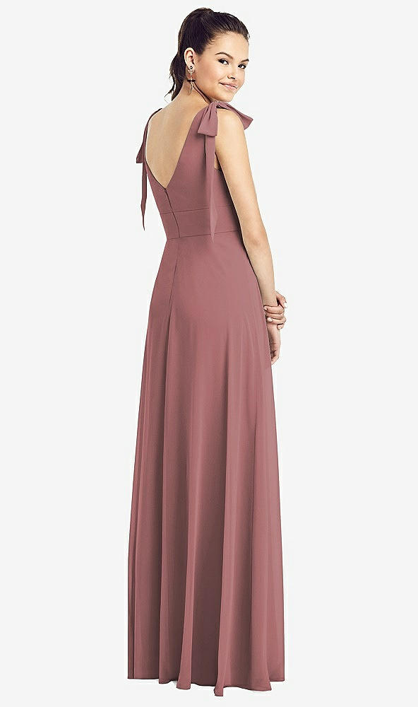 【STYLE: TH018】Bow-Shoulder V-Back Chiffon Gown with Front Slit【COLOR: Rosewood】