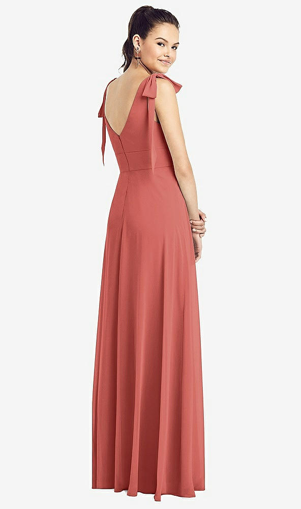 【STYLE: TH018】Bow-Shoulder V-Back Chiffon Gown with Front Slit【COLOR: Coral Pink】