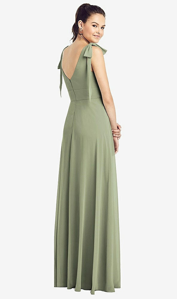 【STYLE: TH018】Bow-Shoulder V-Back Chiffon Gown with Front Slit【COLOR: Sage】