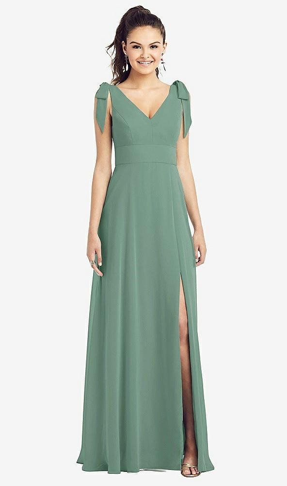 【STYLE: TH018】Bow-Shoulder V-Back Chiffon Gown with Front Slit【COLOR: Seagrass】