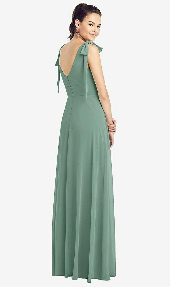 【STYLE: TH018】Bow-Shoulder V-Back Chiffon Gown with Front Slit【COLOR: Seagrass】