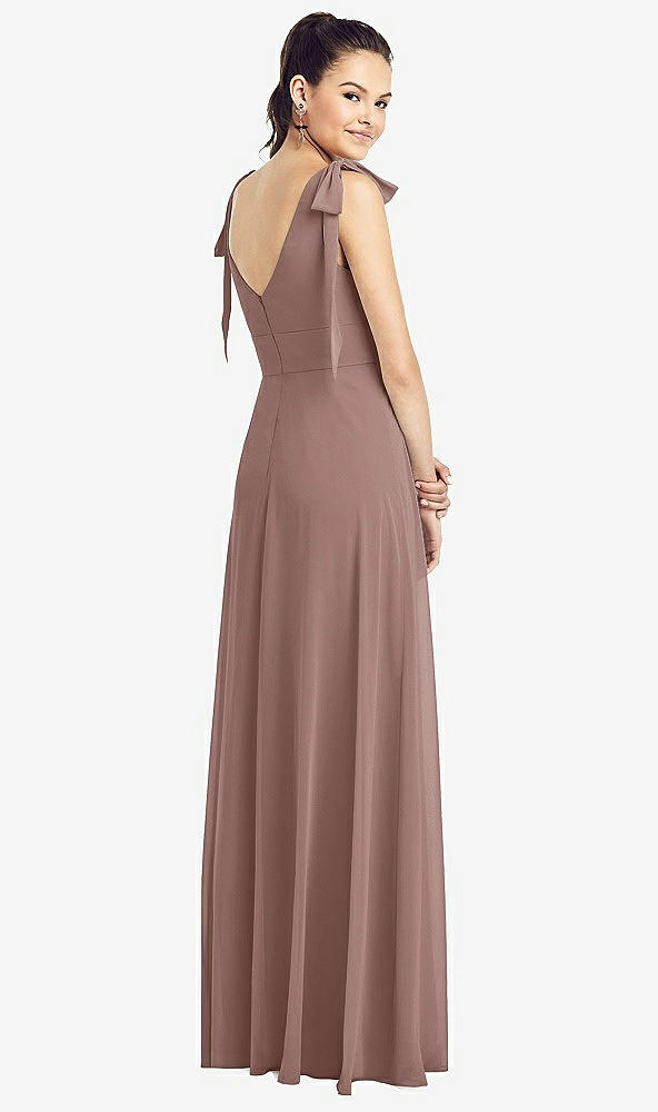 【STYLE: TH018】Bow-Shoulder V-Back Chiffon Gown with Front Slit【COLOR: Sienna】