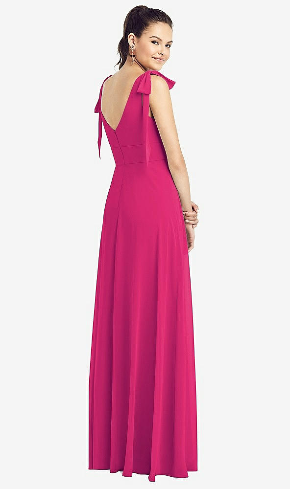 【STYLE: TH018】Bow-Shoulder V-Back Chiffon Gown with Front Slit【COLOR: Think Pink】