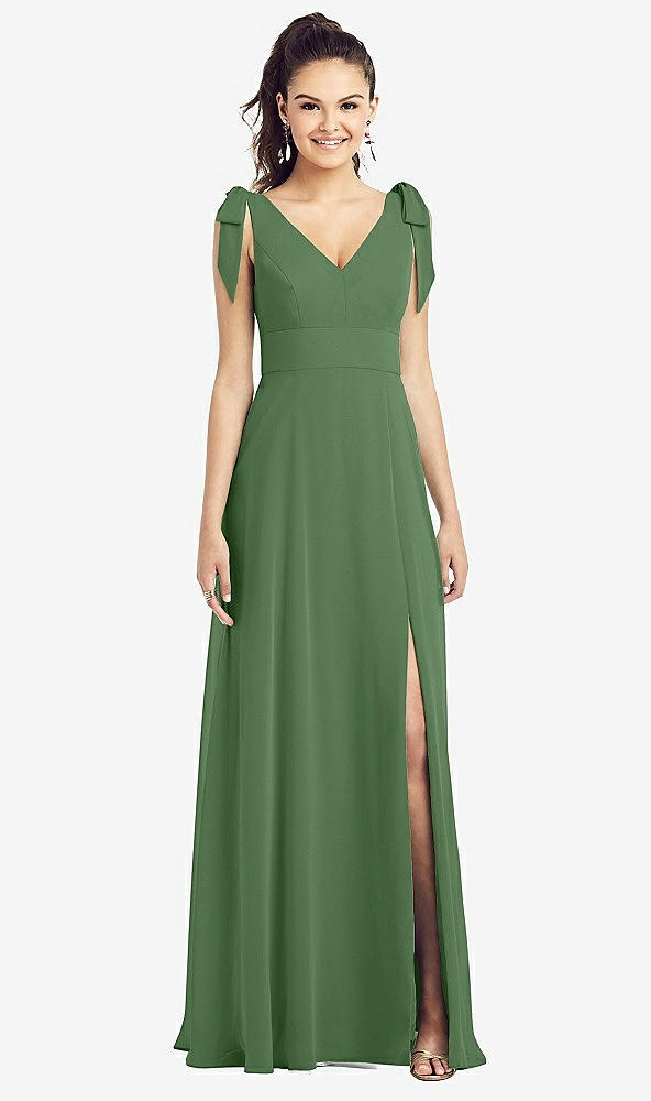 【STYLE: TH018】Bow-Shoulder V-Back Chiffon Gown with Front Slit【COLOR: Vineyard Green】