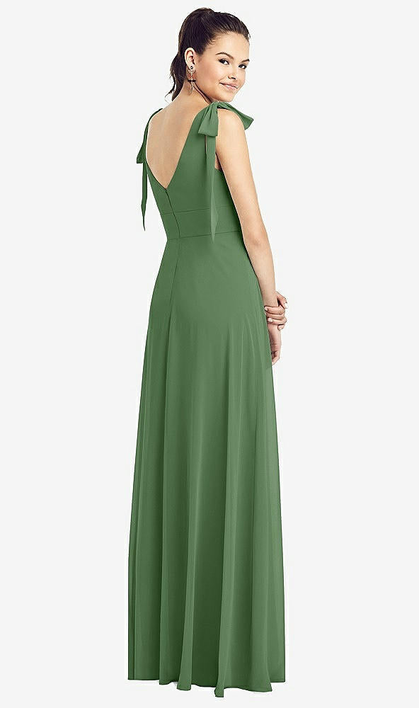 【STYLE: TH018】Bow-Shoulder V-Back Chiffon Gown with Front Slit【COLOR: Vineyard Green】