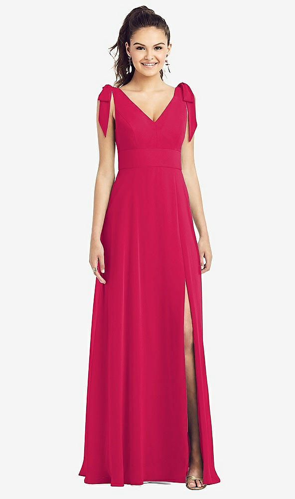 【STYLE: TH018】Bow-Shoulder V-Back Chiffon Gown with Front Slit【COLOR: Vivid Pink】